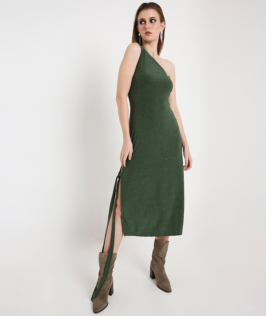 Off-Shoulder Cocktail Dress with a Side Sash-Green
